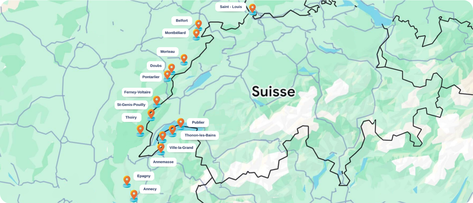 Carte des boutiques partenaires Savin' autour de la frontière franco-suisse