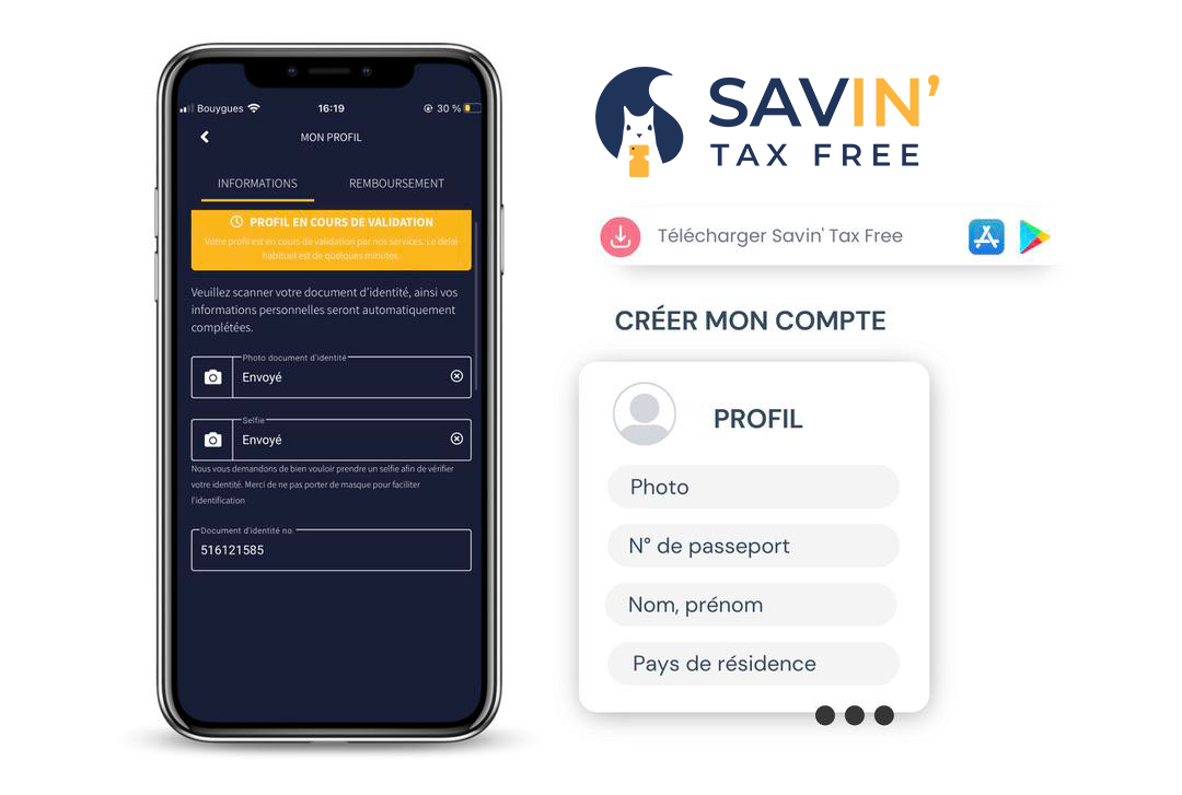 l'App mobile de détaxe, Création de compte Savin' Tax Free, récupérer la TVA.
