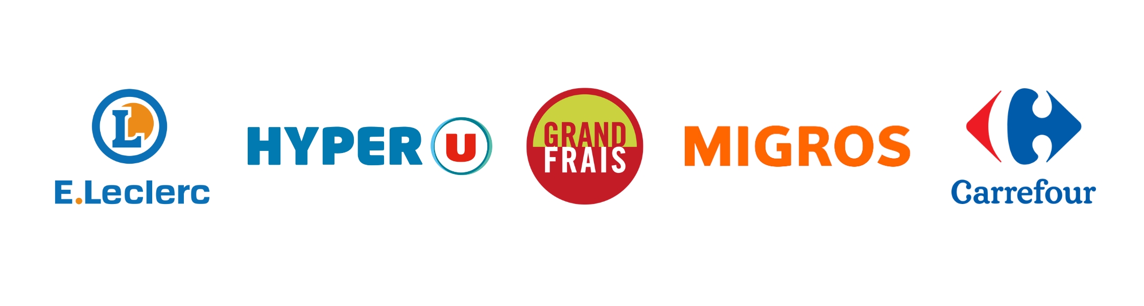 Liste des logos de E.Leclerc, Hyper U, Grand Frais, Migros et carrefour.